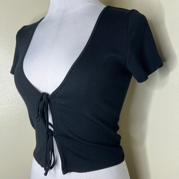 Wilfred Free Only Tie Front Tee XS Black Ribbed Modal Scoop Neck Short Sleeve - Picture 4 of 7